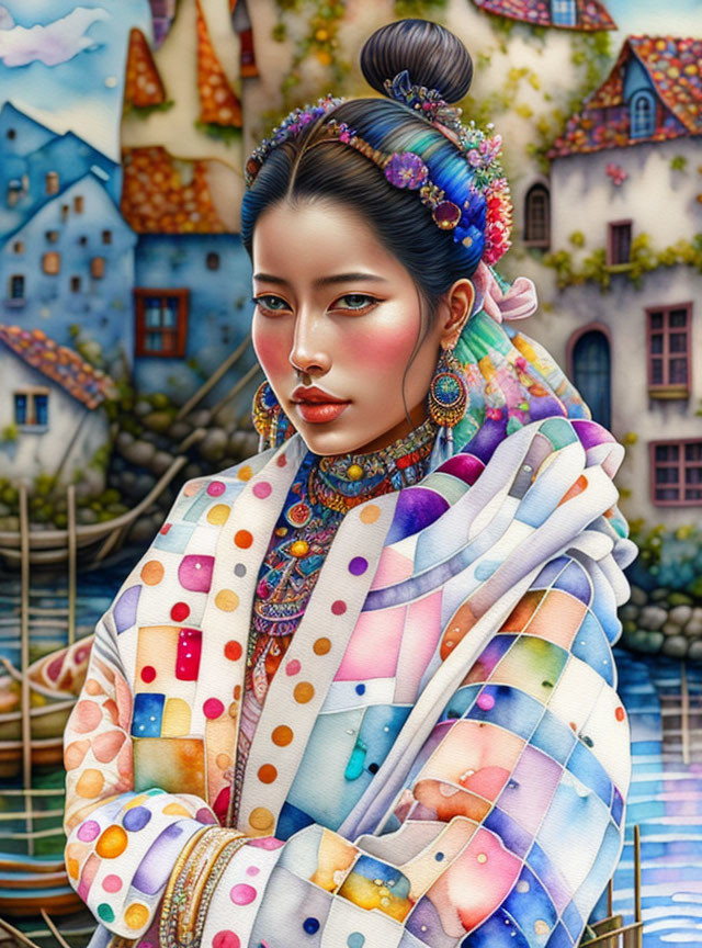 Colorful digital artwork: Traditional Asian woman in patchwork garment in whimsical village.