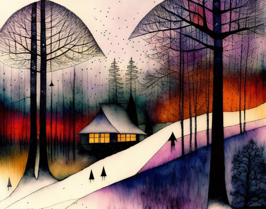 Vibrant watercolor of cozy cottage in snowy hills at sunset
