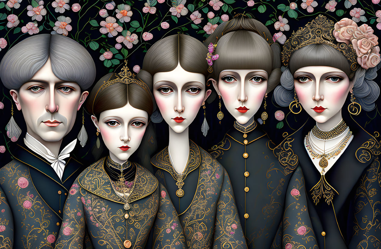 Stylized pale figures in dark traditional attire on floral black backdrop