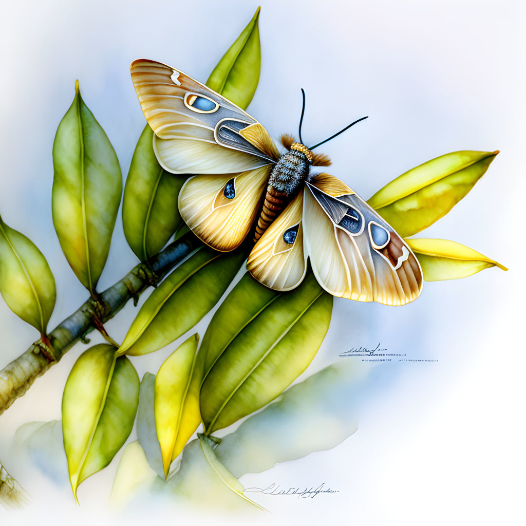 Colorful Butterfly Illustration with Detailed Wing Patterns on Leaves