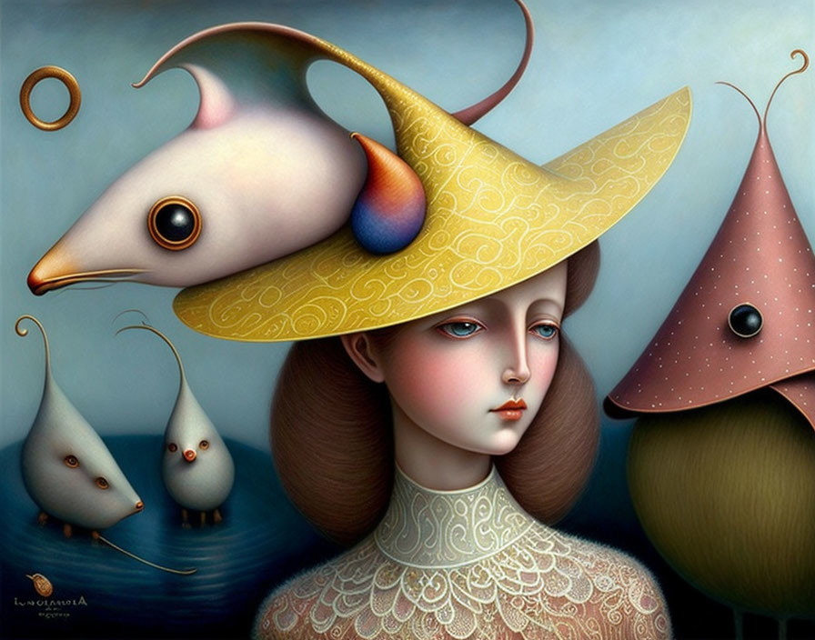 Surreal painting of woman with fish-like hat in dreamlike setting
