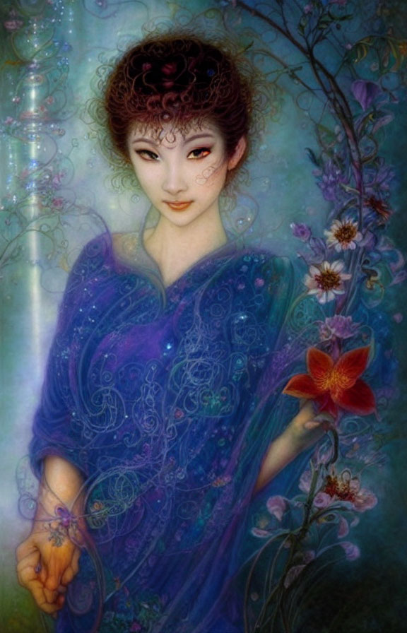 Illustration of a woman in a star-infused purple robe by a flowering vine