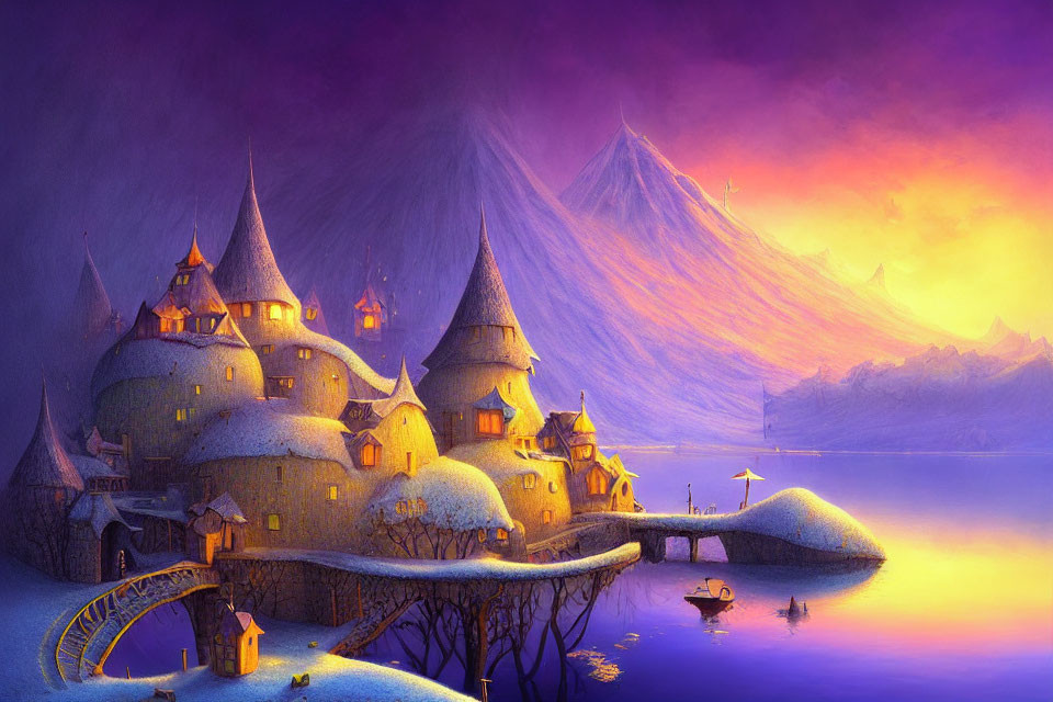 Fantasy castle by tranquil lake at sunset with mountains and starry sky