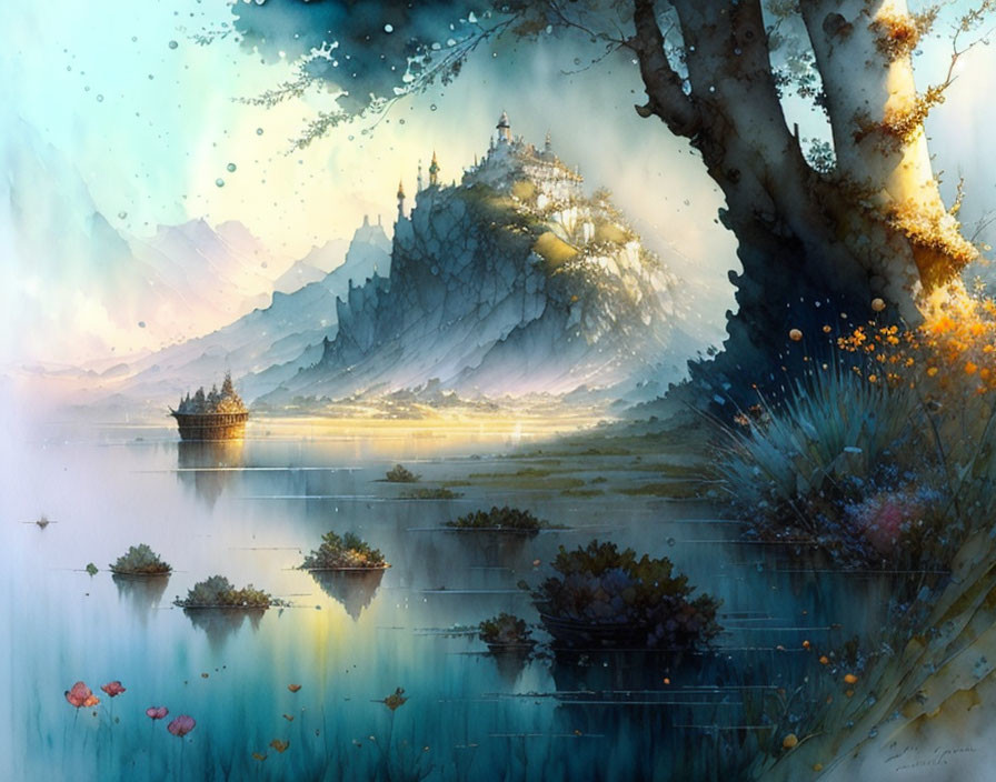 Fantastical landscape with glowing castle, ship on lake, vibrant flora & misty mountains