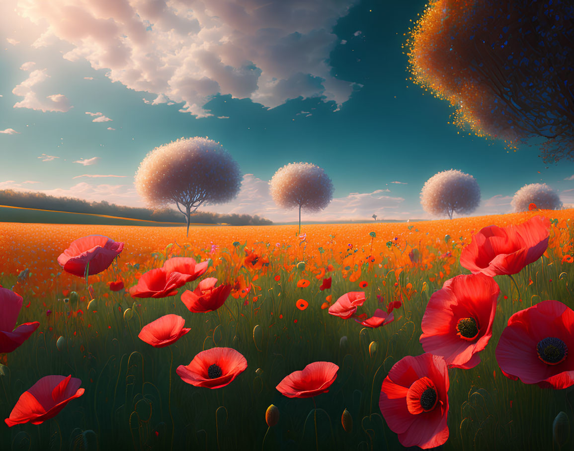 Sunset landscape with vibrant red poppies and glowing trees