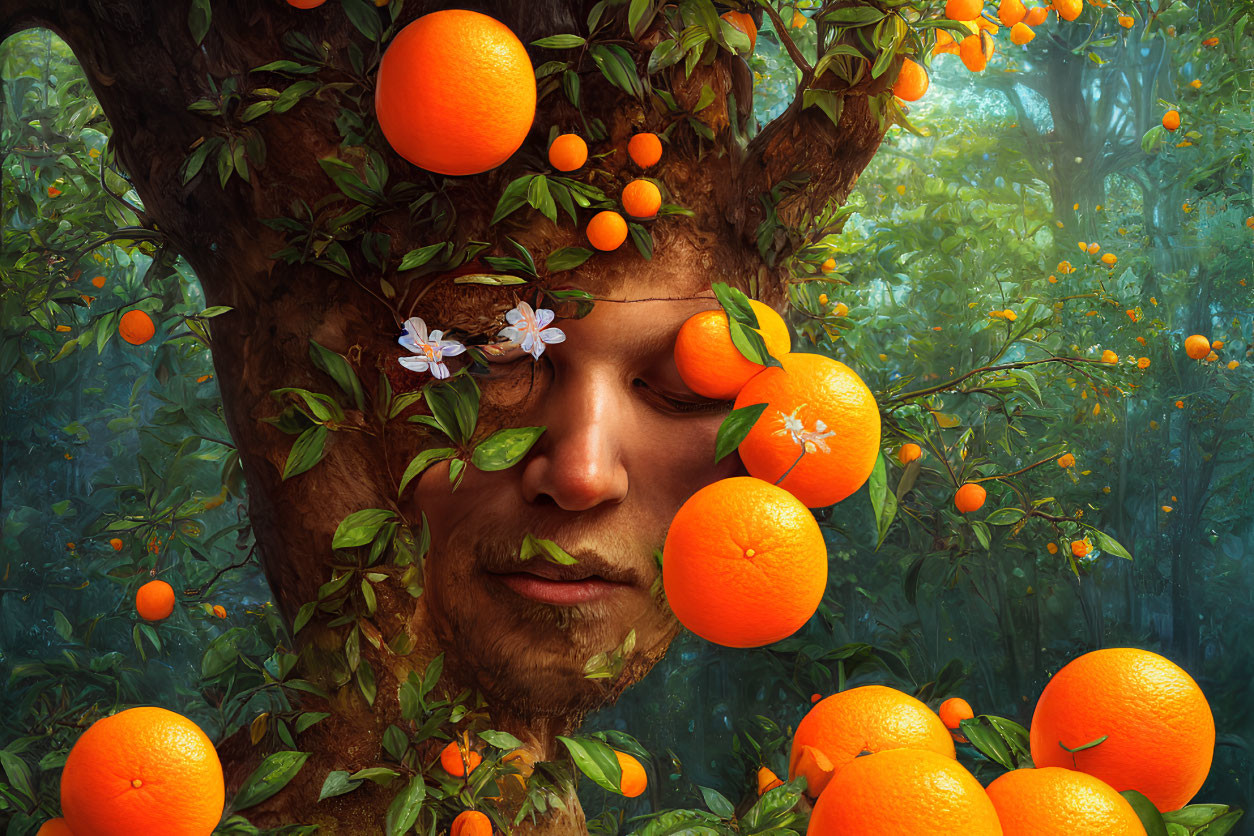 Tranquil face merged with orange tree and ripe oranges in serene artwork