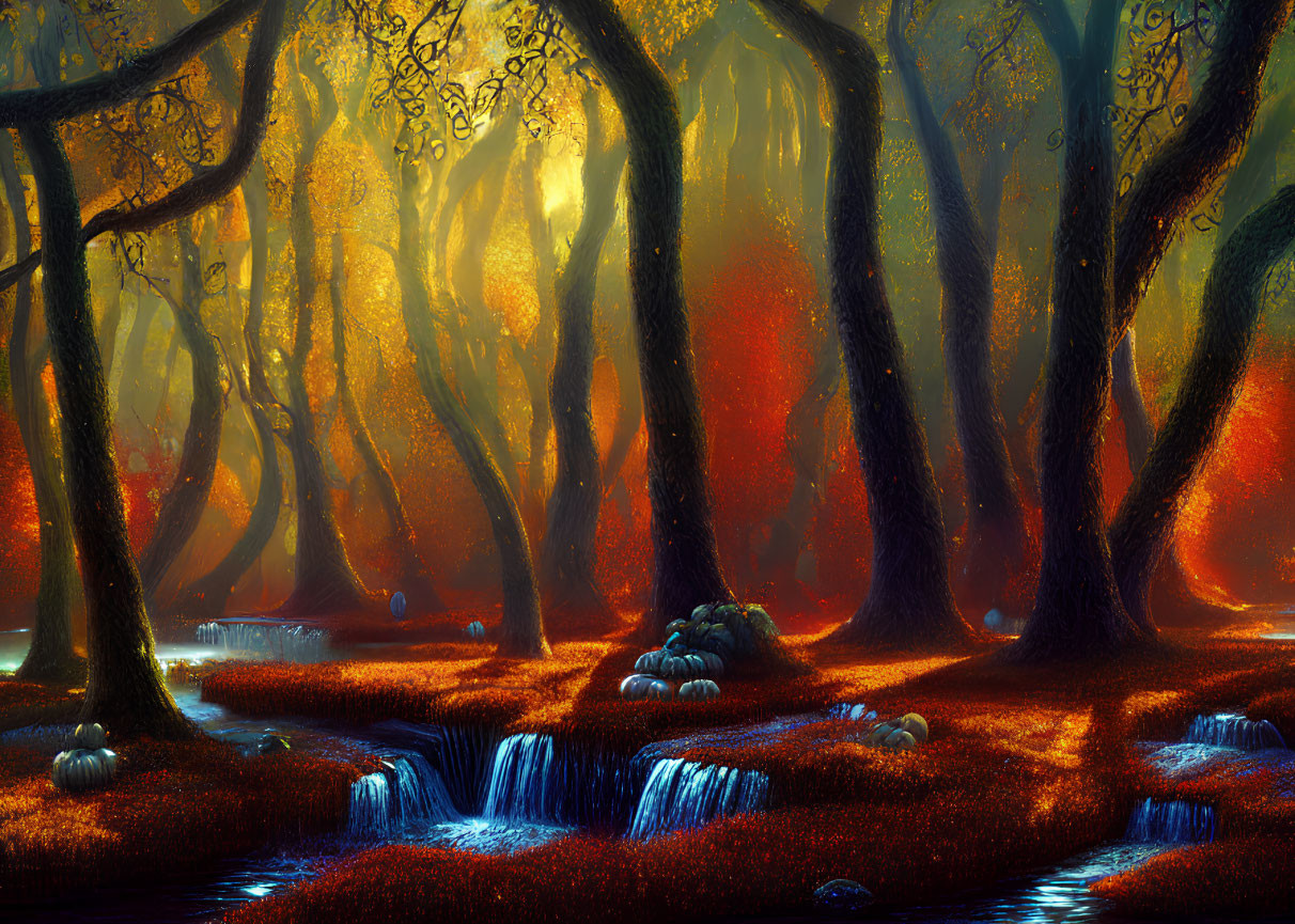 Mystical forest landscape with golden sunlight and serene stream
