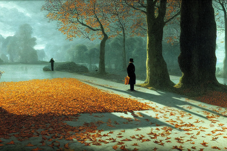 Autumnal park scene with two individuals standing apart