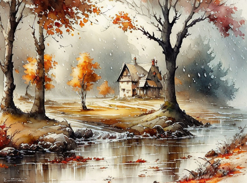 Autumn cottage scene with stream and trees in watercolor art