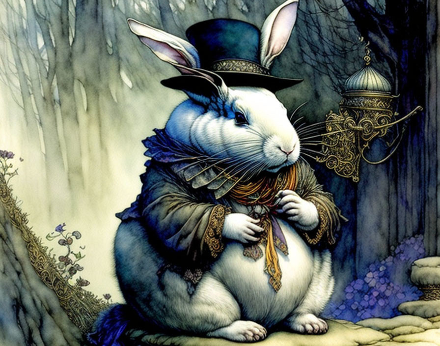 Humanoid rabbit in formal attire with pocket watch in enchanted forest.