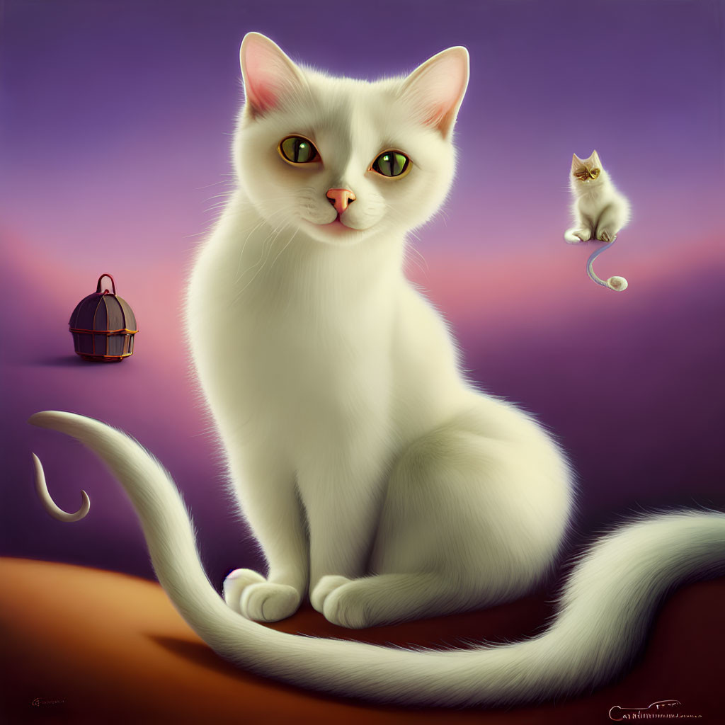 Stylized illustration of large white cat with green eyes and small birdcage