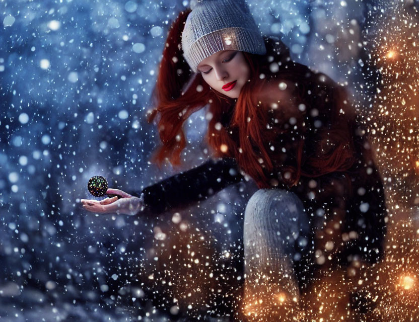 Red-haired woman in winter hat holding glowing orb in magical snowy scene