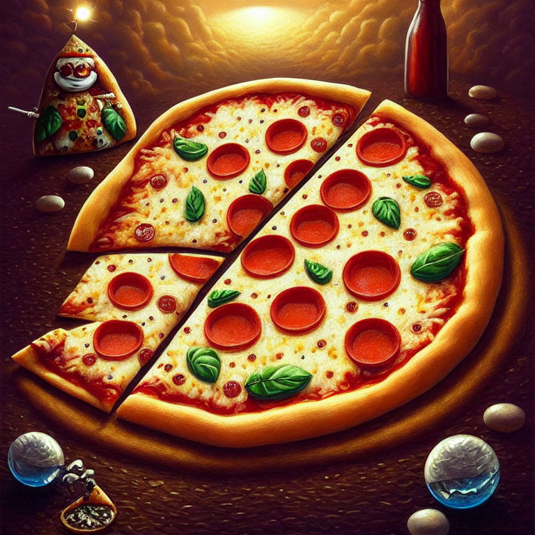 Pepperoni pizza illustration with basil, pebbles, hot sauce, and whimsical slice character