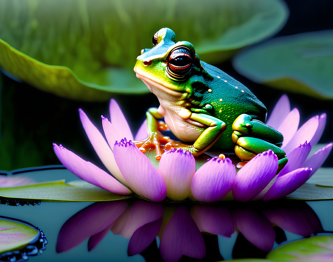 Colorful Frog on Purple Lotus Flower with Reflection in Water