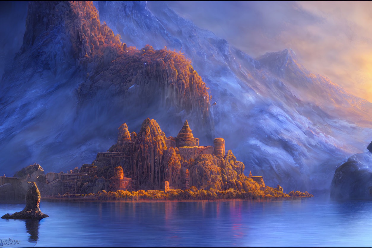 Fantasy landscape with castle, lake, sunset, and mountains