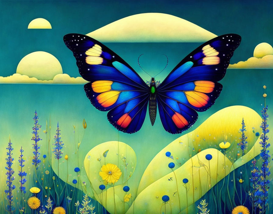 Colorful Butterfly Artwork with Surreal Landscape and Smaller Butterflies