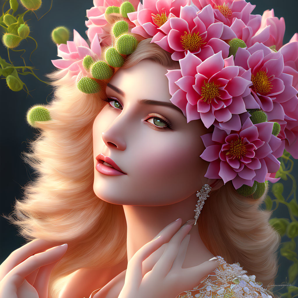 Digital artwork of woman with pink floral crown and blonde hair