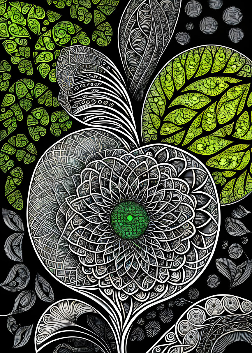 Detailed Black and White Flower Illustration with Ornate Leaves