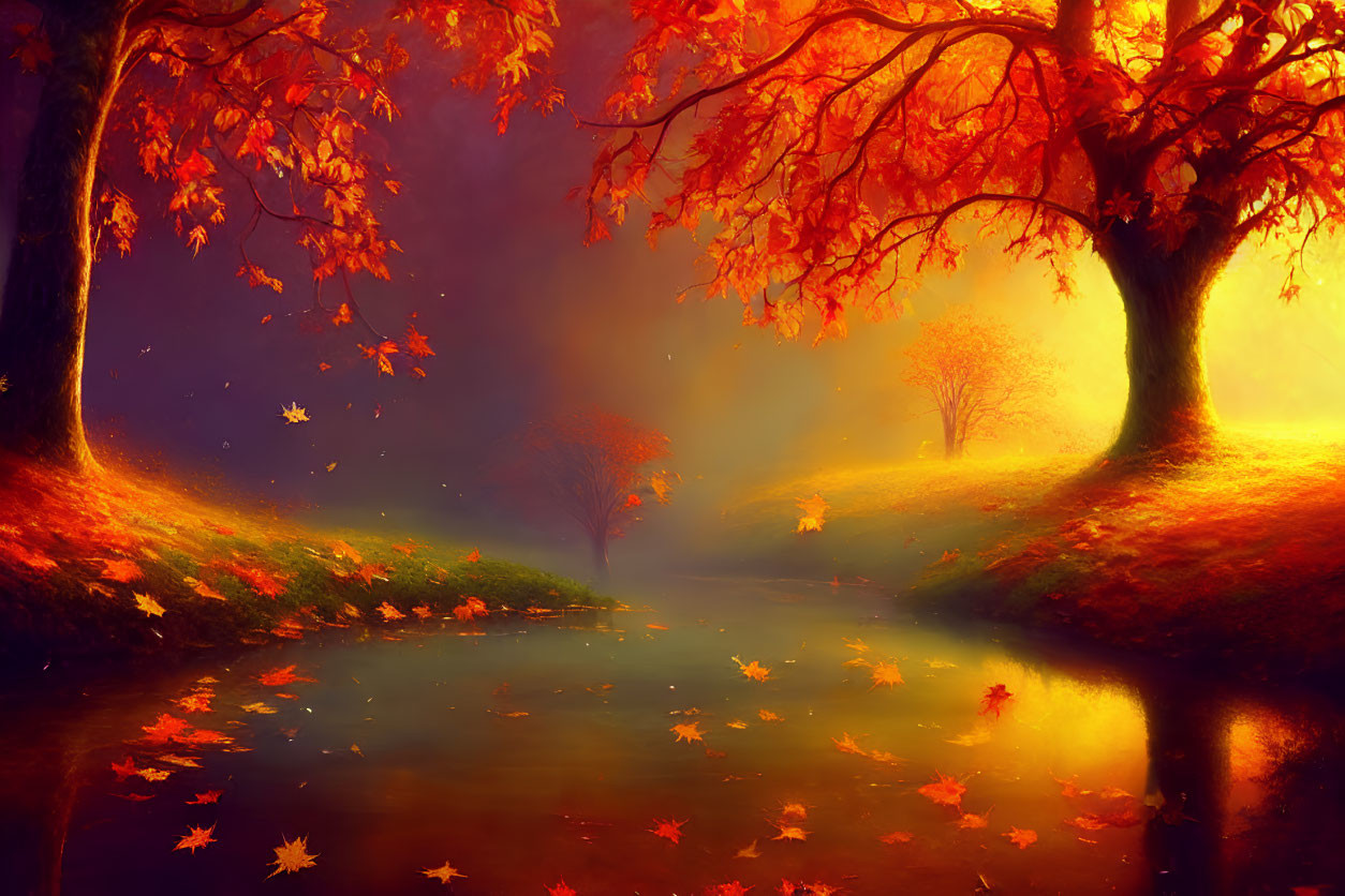 Tranquil autumn landscape with vibrant foliage by calm river