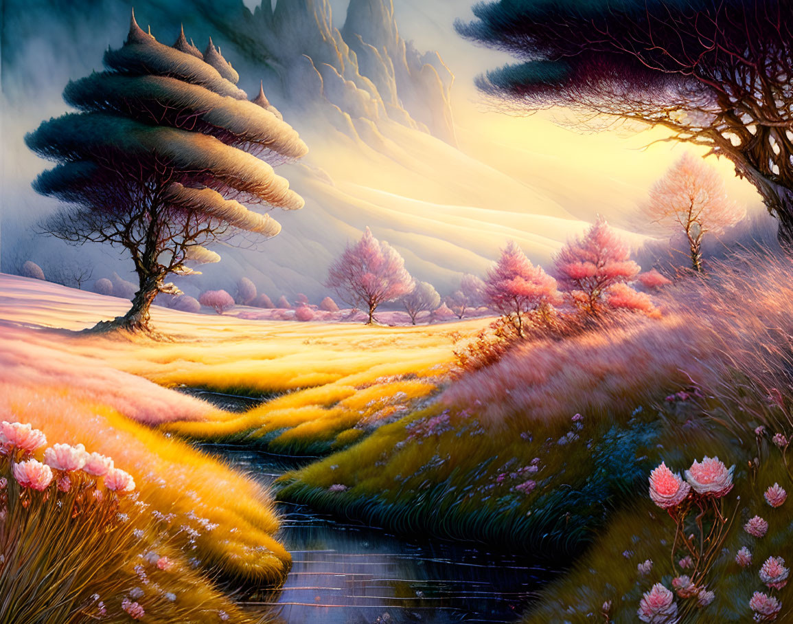 Fantasy landscape with whimsical trees and pink blossoms