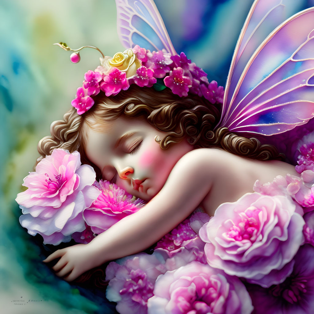 Illustration of Sleeping Child with Fairy Wings in Pink Flower Garden