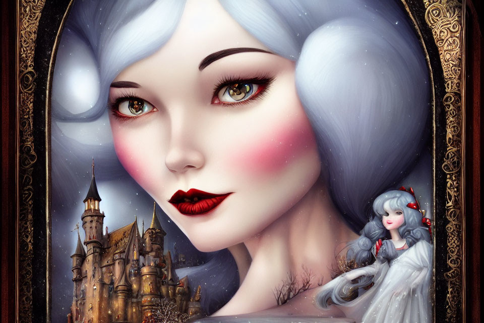 Illustrated portrait of woman with pale skin, red lips, and striking eyes holding a small castle and