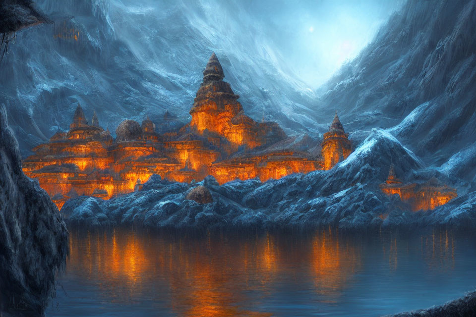 Illuminated ancient city with domed structures in icy mountain peaks