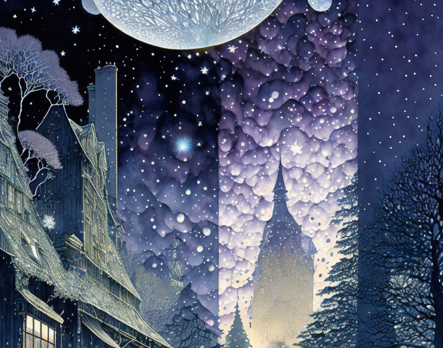 Detailed night sky illustration with moon, stars, buildings, trees, and snowflakes.