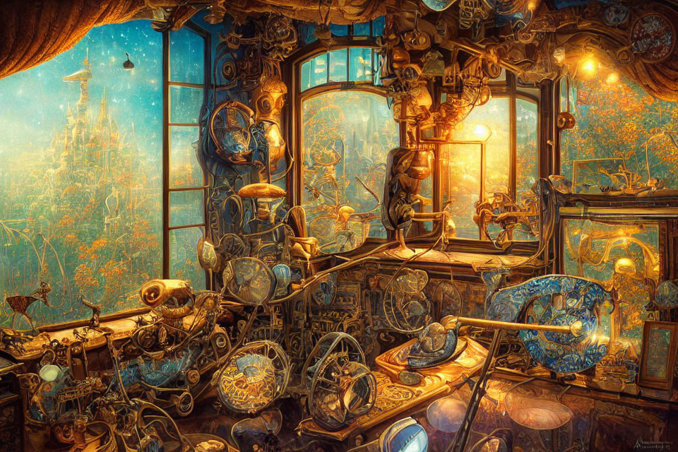Steampunk-style workshop with gears, cogs, and mystical city view