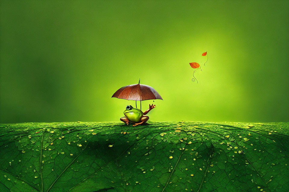 Whimsical frog with umbrella on leaf, butterfly with leaf wings - nature scene.