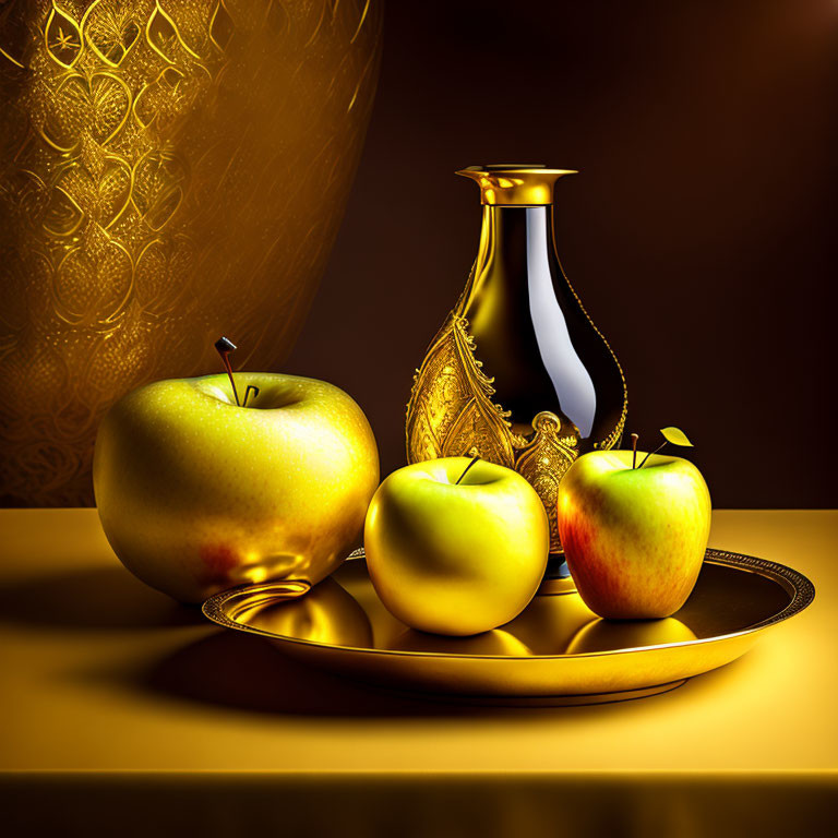 Golden vase, patterned background, shiny apples on gold-accented plate