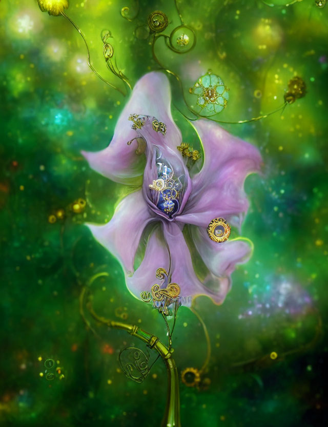 Surreal purple flower with mechanical heart in vibrant green setting