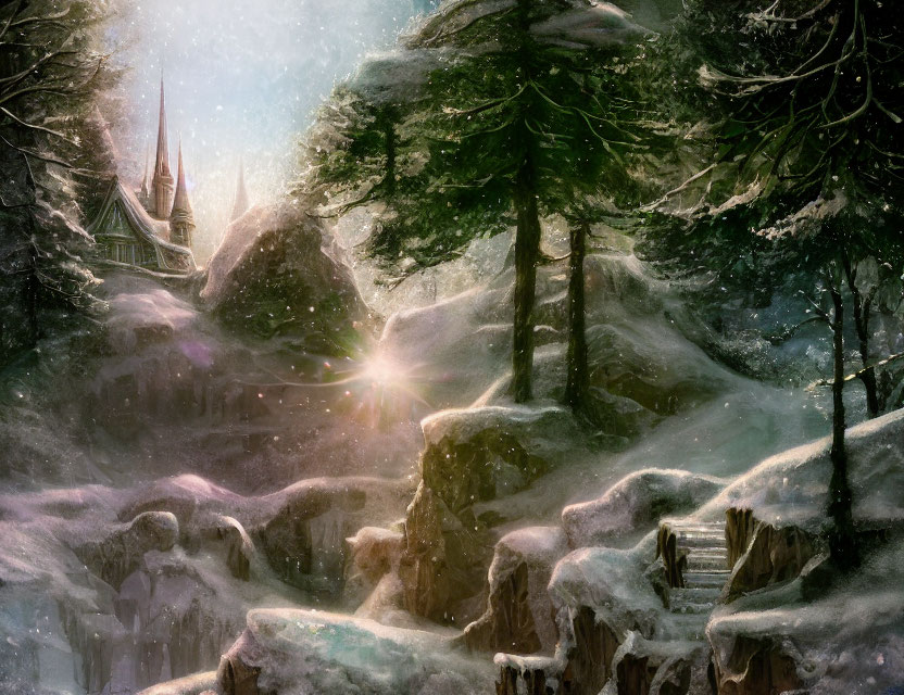 Snow-covered trees, sunlit castle, and wooden staircase in wintry fantasy landscape