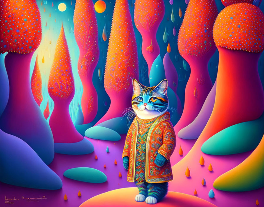 Blue-Eyed Cat in Fantasy Forest with Colorful Trees and Mushrooms