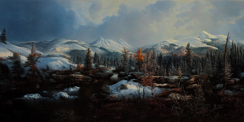 Snow-covered mountains, river, forests, autumn trees under cloudy sky