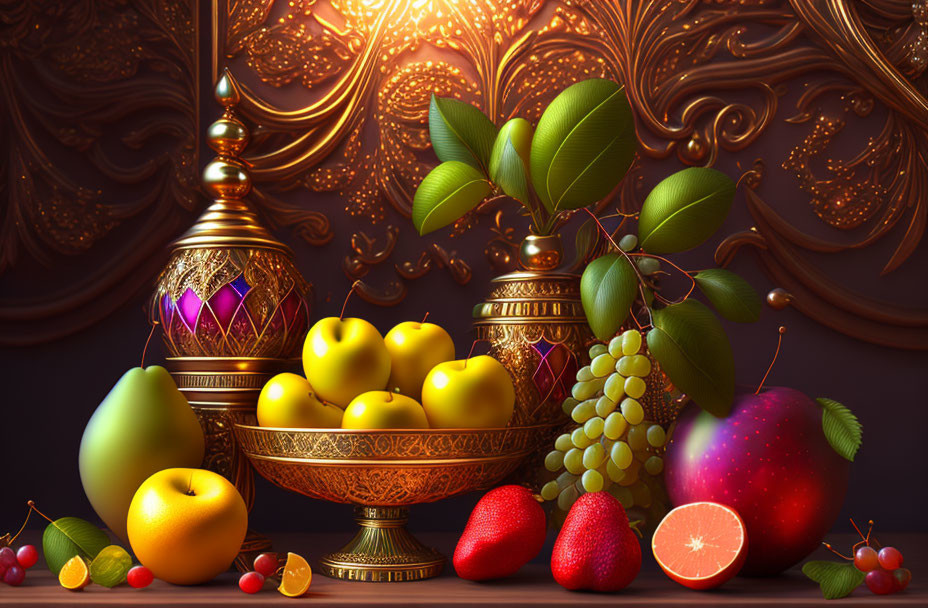 Ornate golden vessels with vibrant fruits on dark backdrop