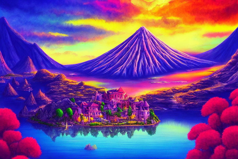 Fantasy landscape: castle on island with twin volcanoes, pink foliage, colorful sky