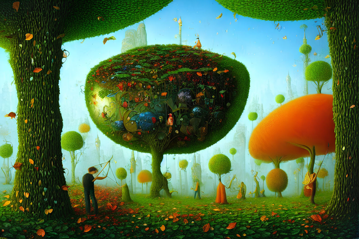 Vibrant fantasy landscape with oversized mushrooms and magical glowing tree