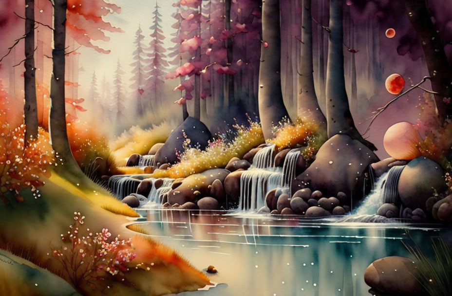 Vibrant watercolor forest scene with glowing orbs and misty trees