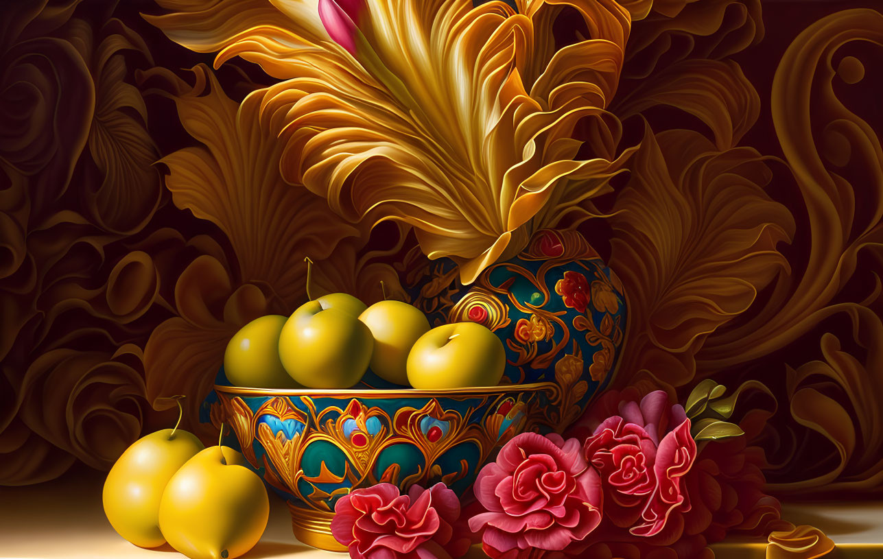 Colorful Still Life with Green Apples, Golden Floral Patterns, and Red Roses
