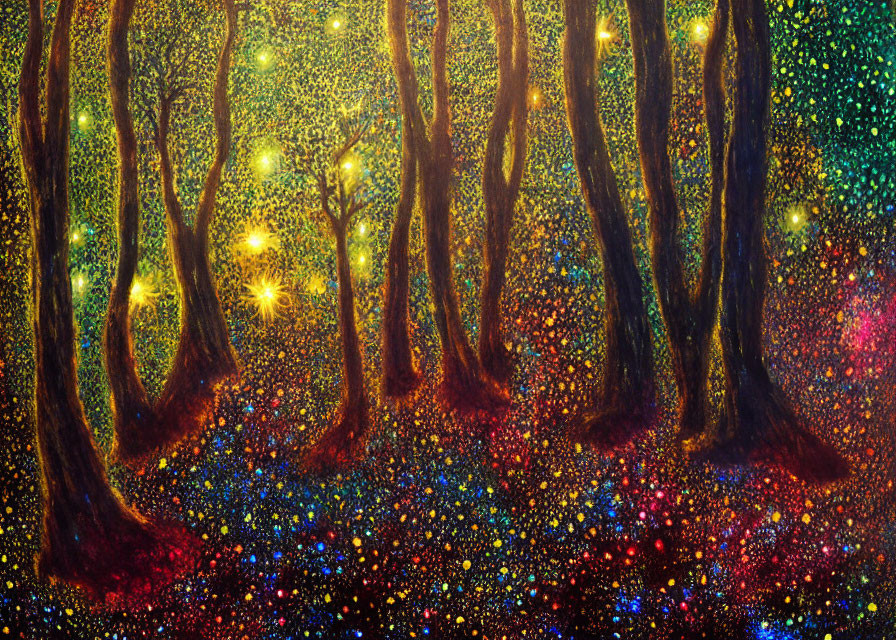 Colorful Forest with Luminous Star-Like Backdrop