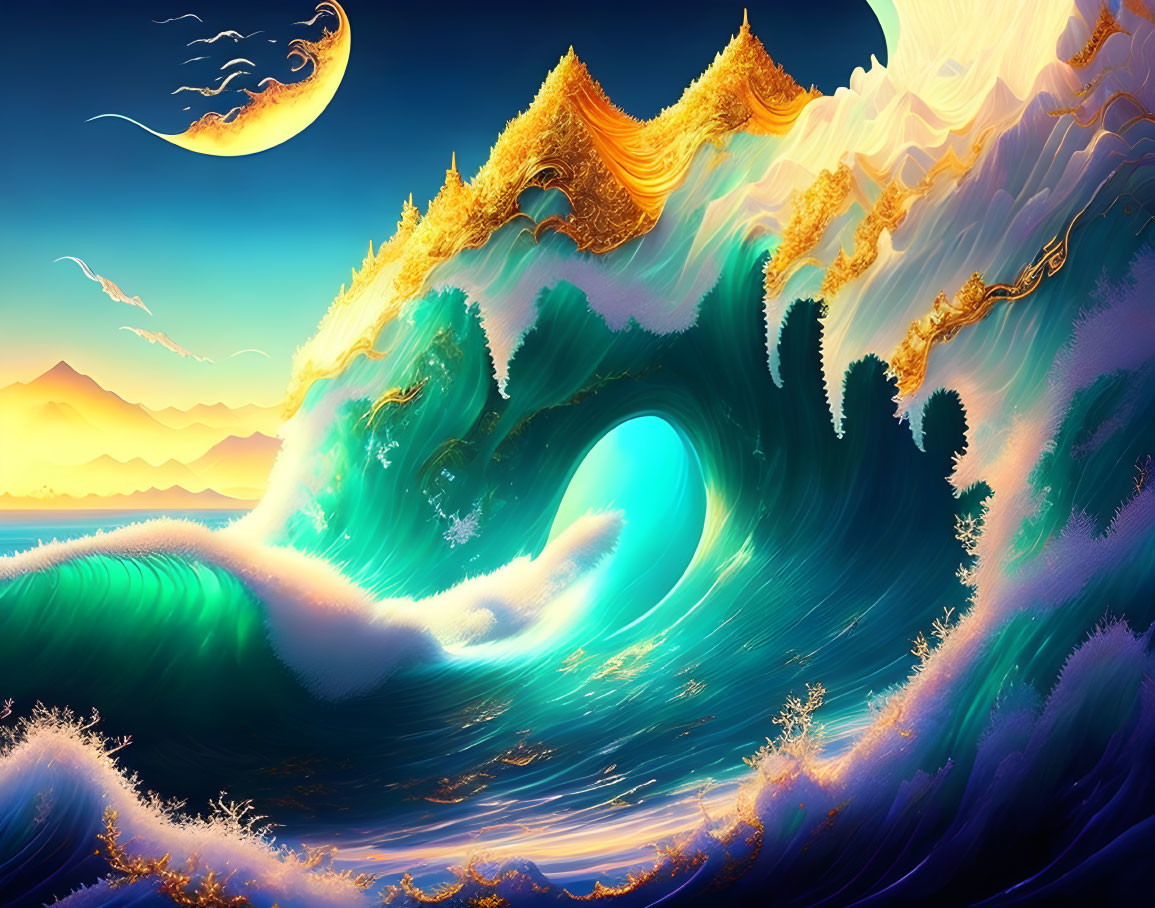Vibrant digital artwork: surreal ocean wave with golden details, mountains, crescent moon