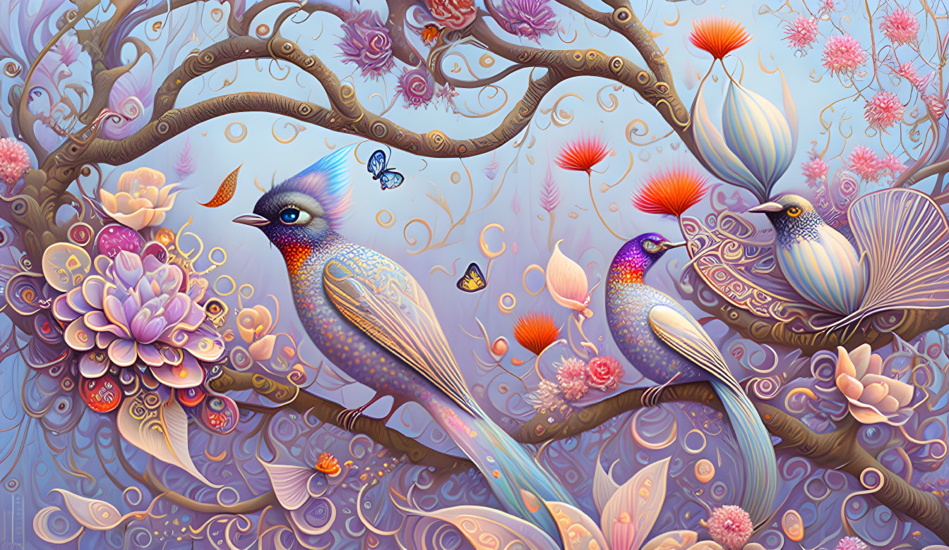 Colorful Stylized Birds and Flora in Surreal Digital Art