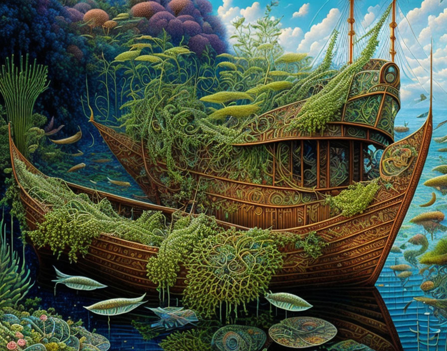 Detailed illustration of lush, fantastical boat in serene, aquatic environment