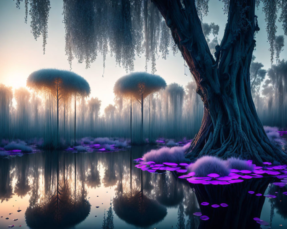 Ethereal misty forest landscape with purple water lilies at sunrise