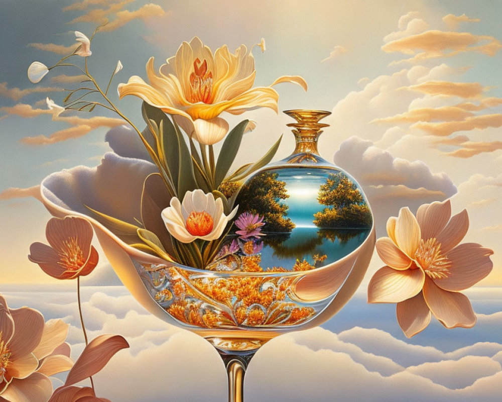 Glass vase with vibrant flowers in serene waterscape.
