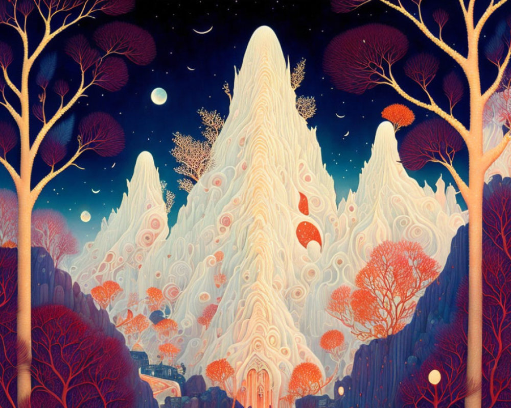 Whimsical landscape with snowy peaks, autumnal trees, and multiple moons.