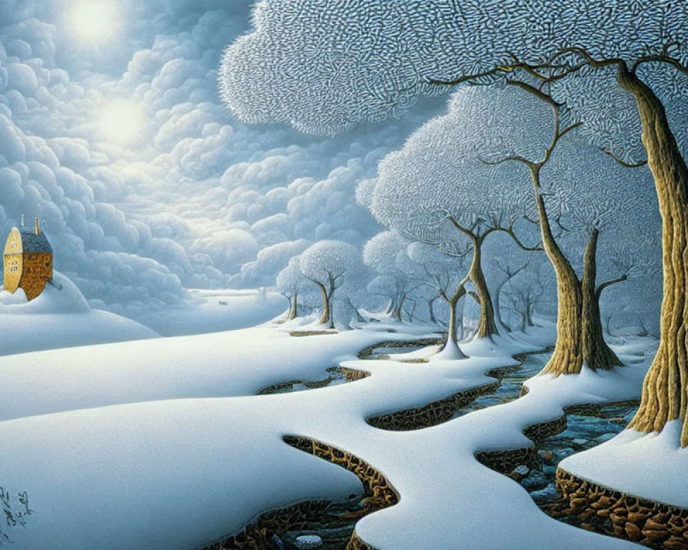 Snowy Night Scene: Moonlit Winter Landscape with Creek and Cozy House