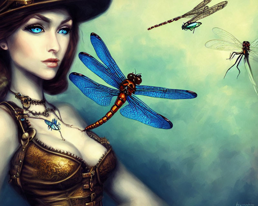 Digital artwork: Woman with blue eyes in steampunk attire with stylized dragonflies