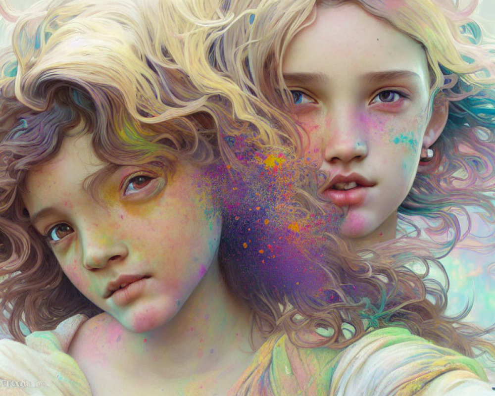 Ethereal young characters with multicolored hair and vibrant skin tones